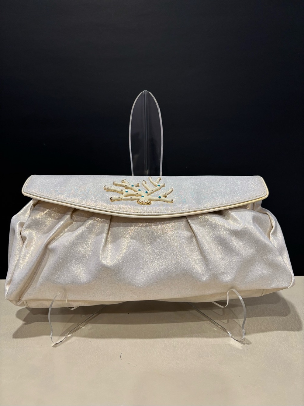 Lilly Pulitzer Metallic Ivory Satin Clutch w/ Coral Accent Wedding Bridal Bride